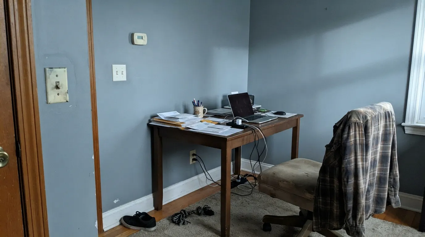 The honest shot: cold north light and a cool LED overhead drain the warmth and expose the blue — the exact situation behind every "I thought this was supposed to be black" review.