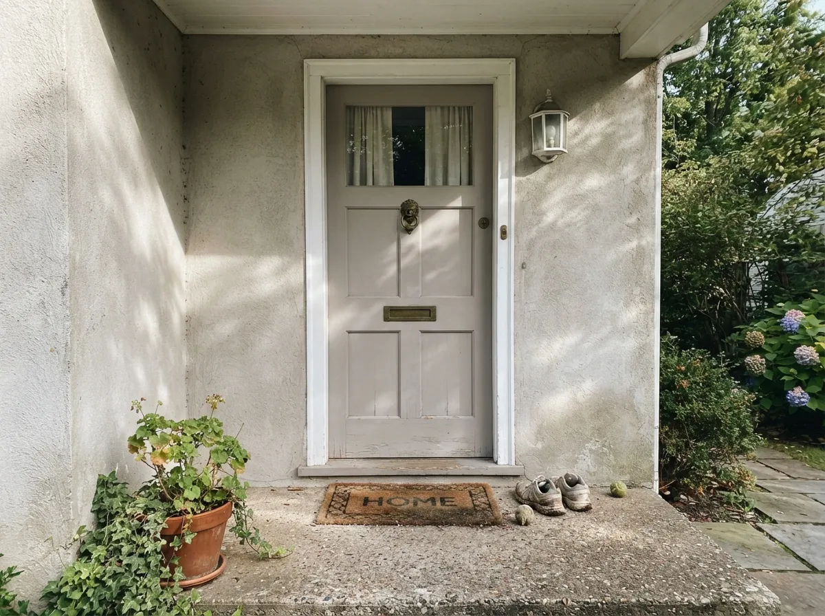 On a front door it reads quietly expensive against a pale facade — understated instead of a statement color.