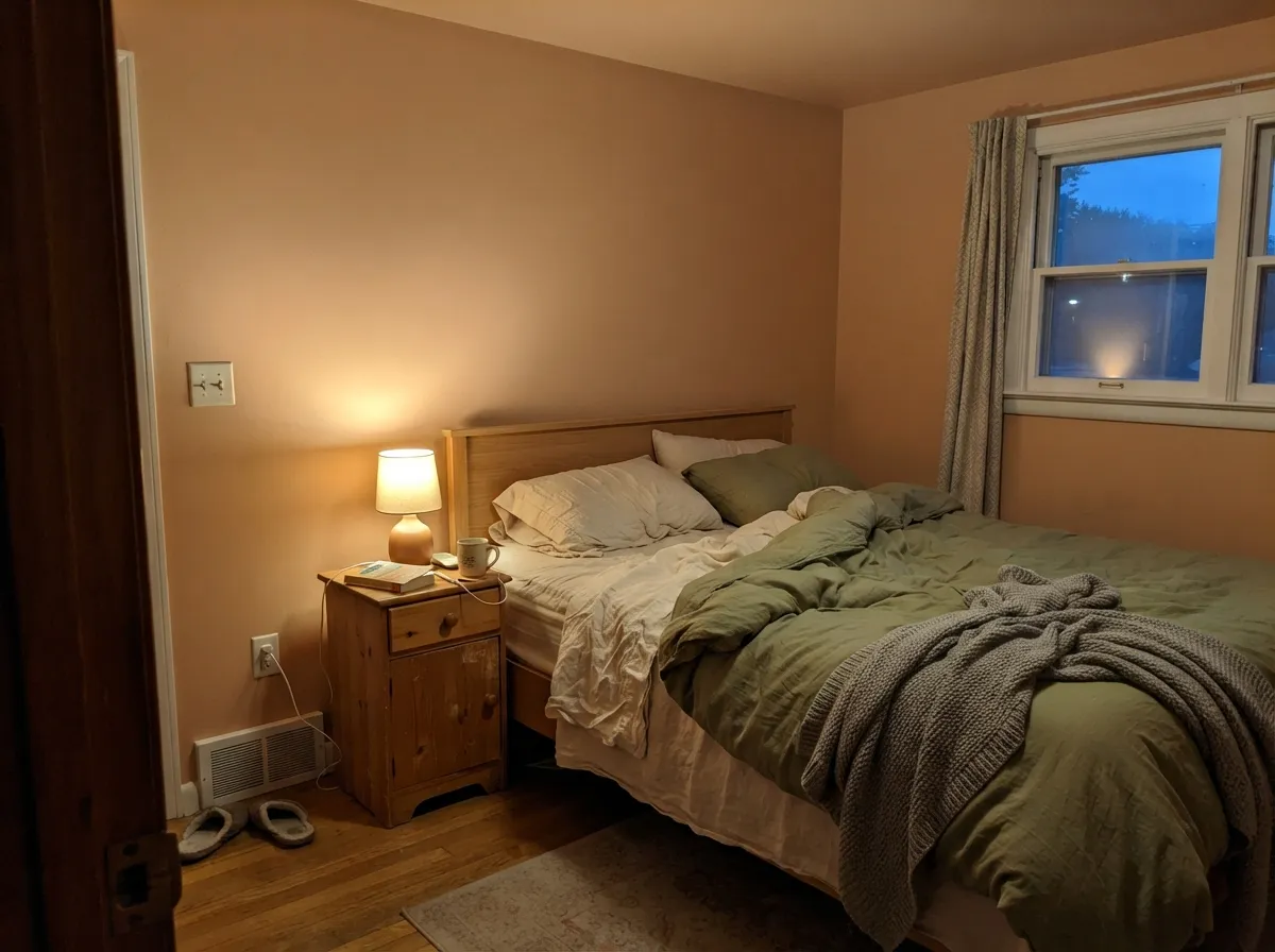 The bedroom drench — walls and ceiling in Faded Terracotta, Pointing on the trim, 2700K lamplight pulling it toward clay without rust.