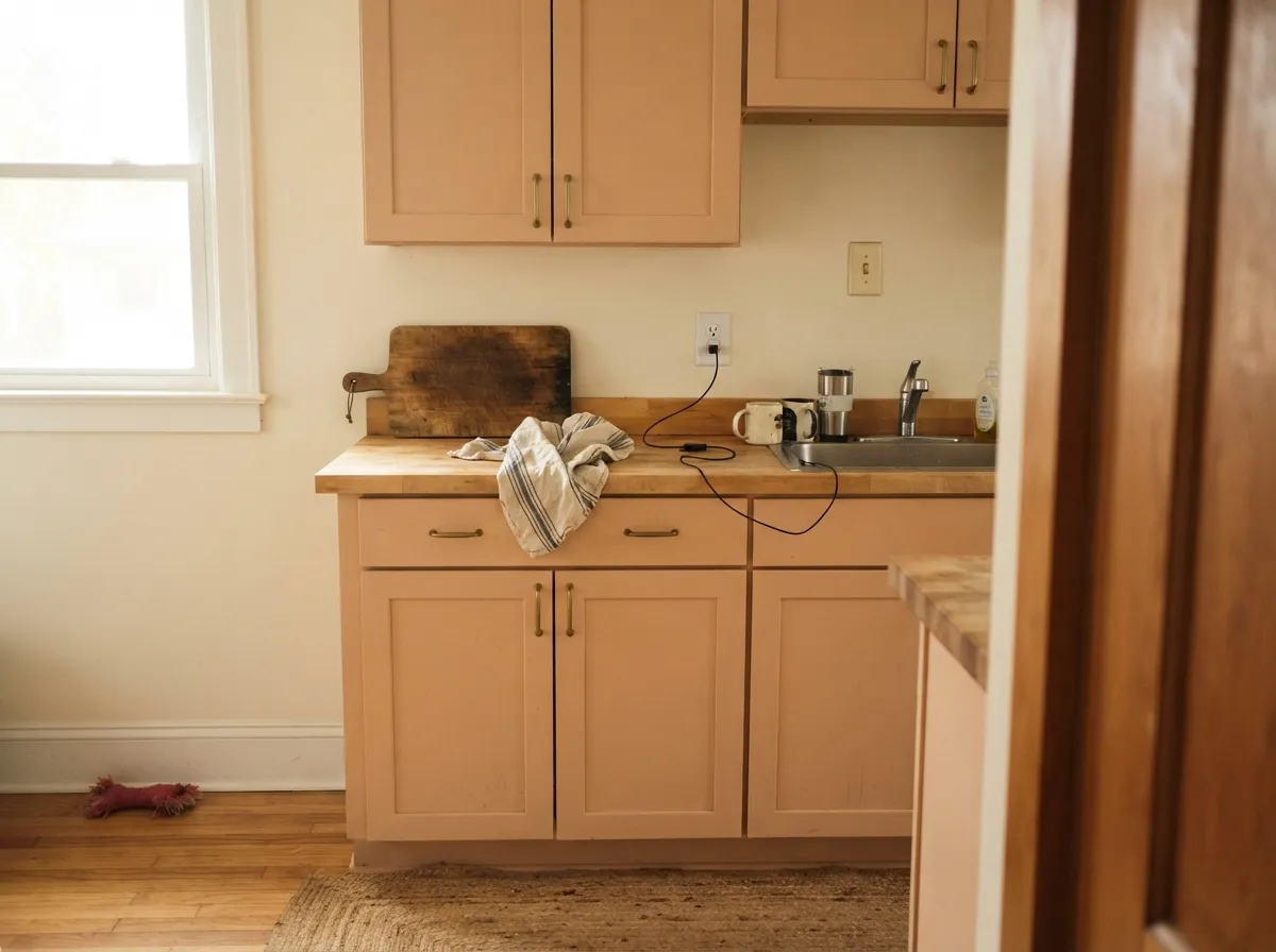 On cabinets it is a pale clay box — Faded Terracotta in satin under Pointing walls, brass and wood doing the rest.