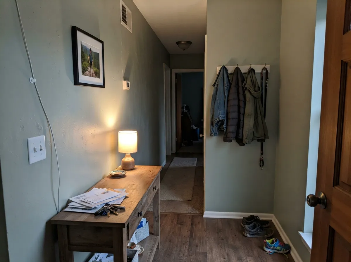Under a warm lamp at dusk it settles into a muted, khaki-leaning green — the color's coziest mood.