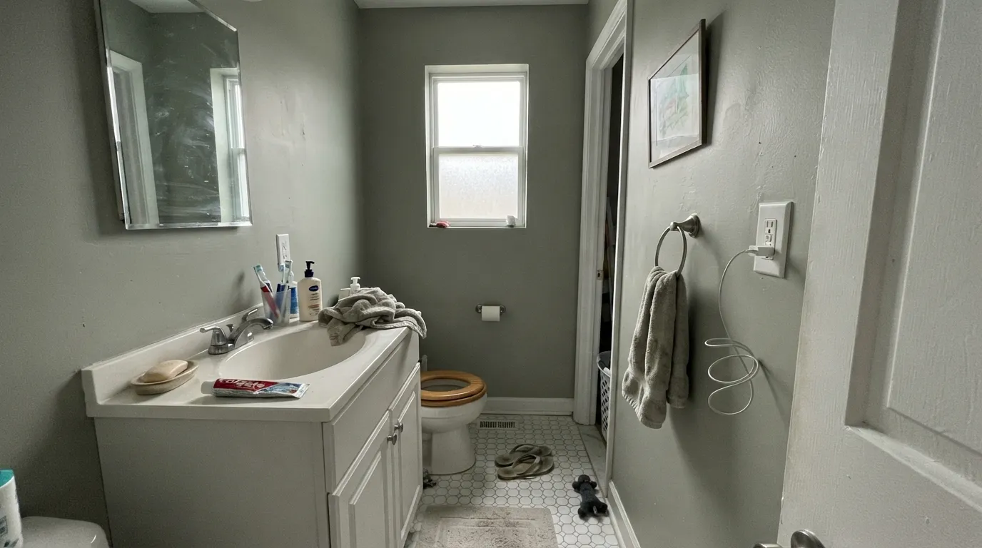 The honest shot: flat north light and a stark white vanity trim. The green all but disappears and the wall reads dull instead of intentional — the exact mismatch behind most disappointed reviews.