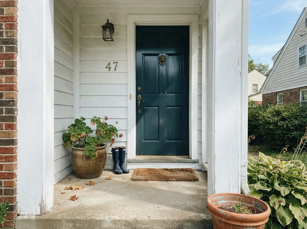 Full gloss on a front door — direct sun brings the green-blue forward and the shine reads as painted wood, not sprayed black.