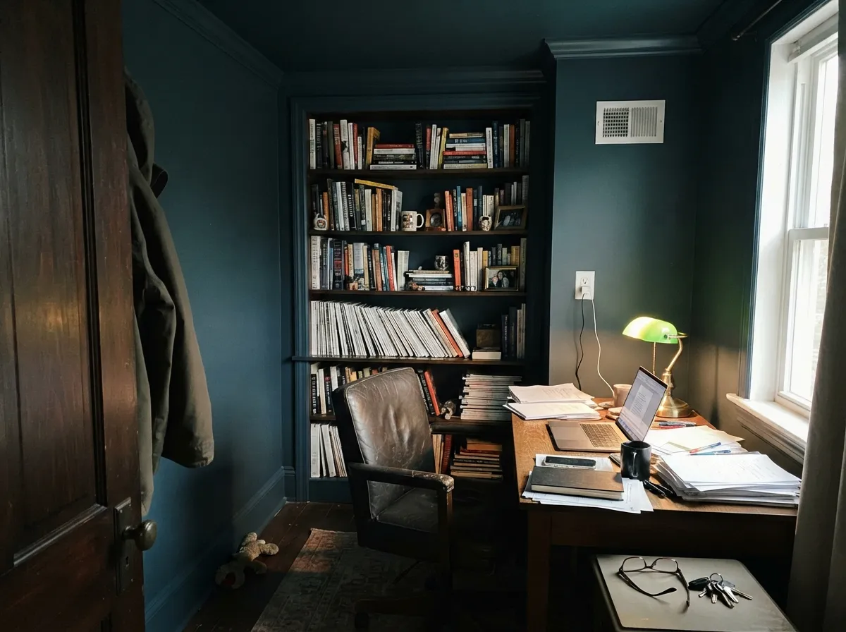 A drenched study — walls, trim and ceiling in one color — with warm lamp light and leather doing the rest of the work.
