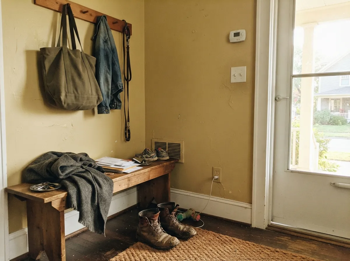 The color's real calling card: a small, high-traffic entryway with warm wood and layered neutrals.