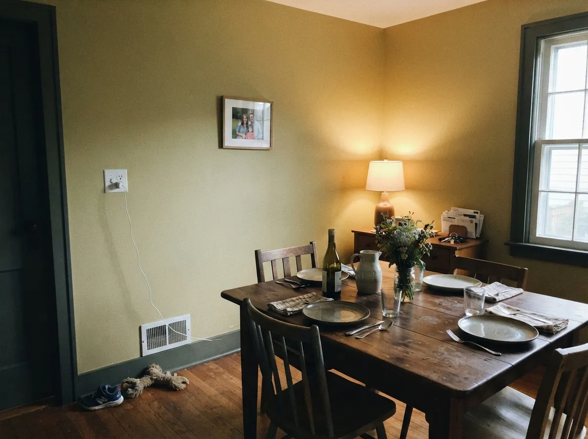 Against dark wood trim and warm evening light the green settles down and the color reads golden and grown-up.