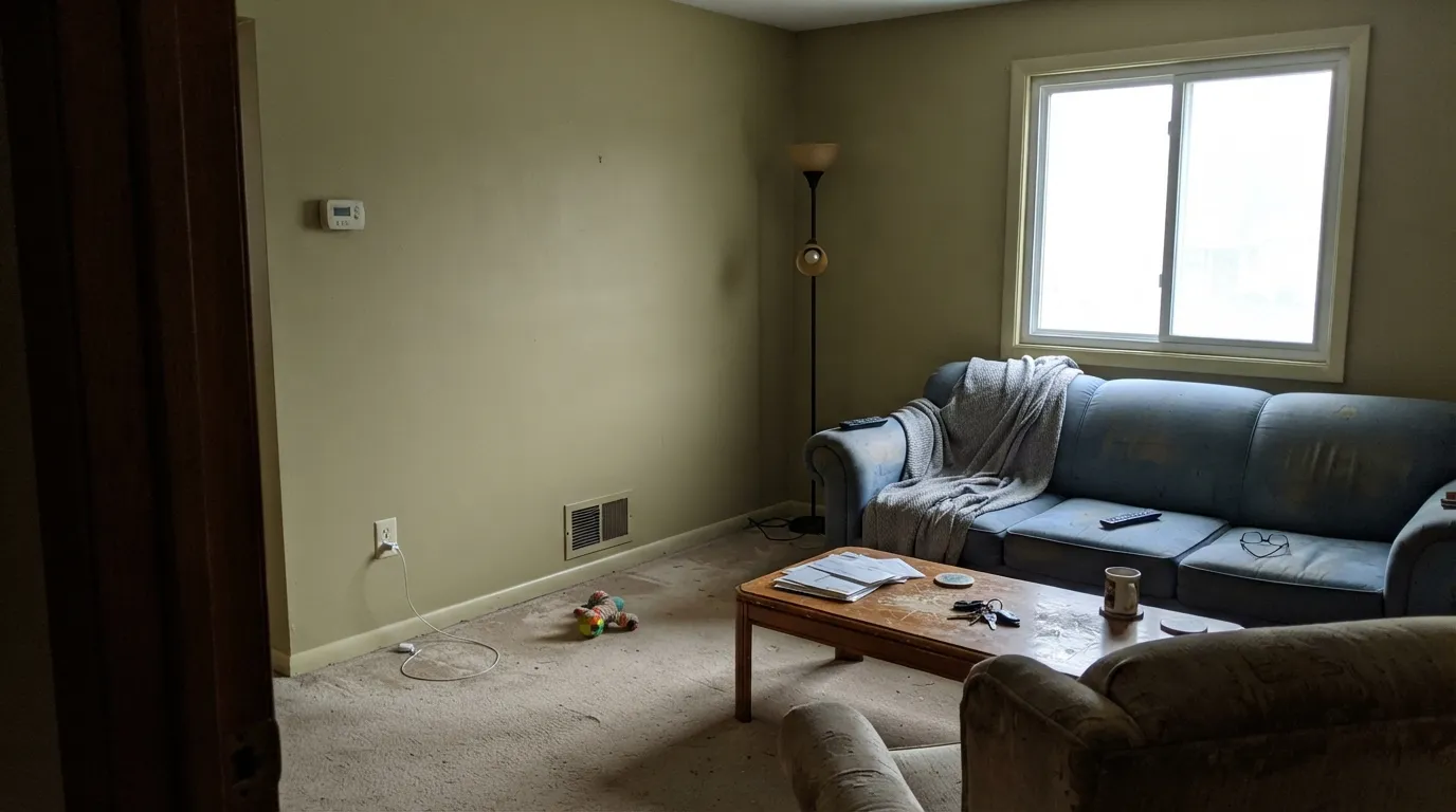 The honest shot: in a dim, cool-lit room the warmth drains out and Hay goes flat khaki — the exact complaint behind most of its disappointed reviews.