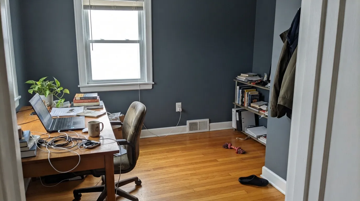The honest shot: flat cool light over honey oak. The floor pushes orange, the light drains the green, and the wall goes flat charcoal instead of the teal-blue from the listing photos.