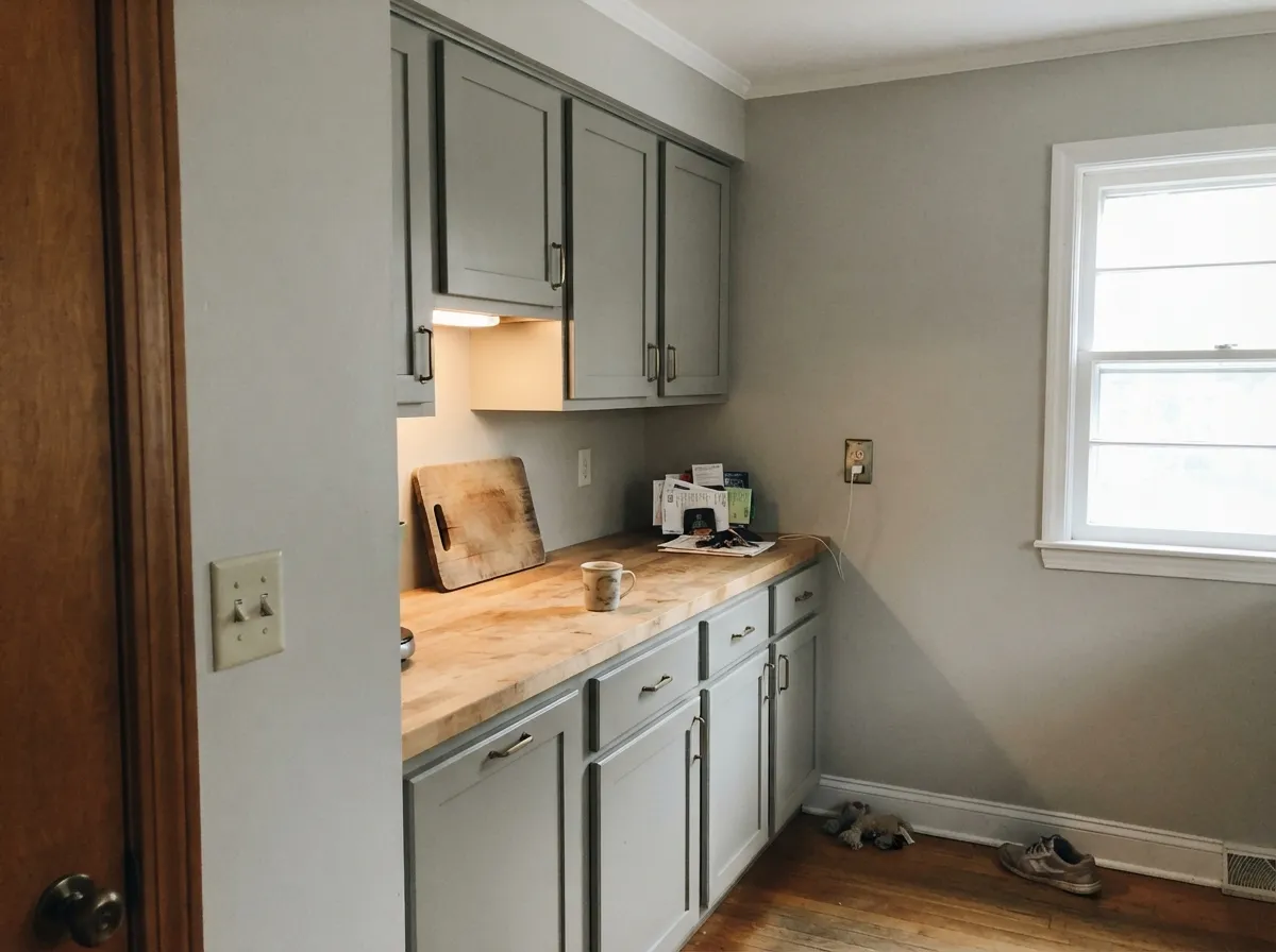 On cabinets under a paler Farrow & Ball wall it reads as a true mid gray — cooler than greige, not as heavy as painting the whole kitchen this color.