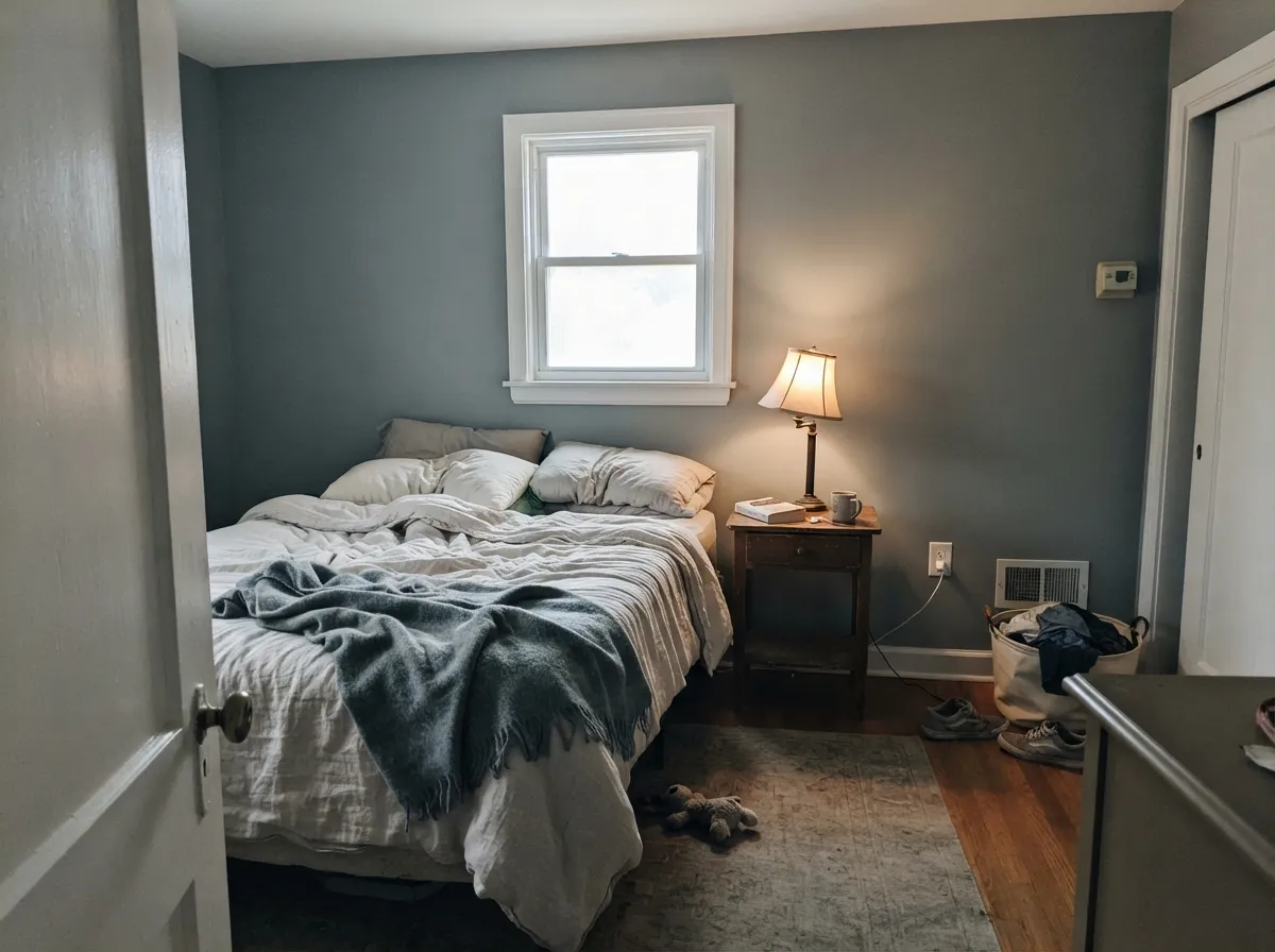 In a windowed bedroom the gray stays restful — cool in the morning, a little taupe by late day, never nursery-pale.