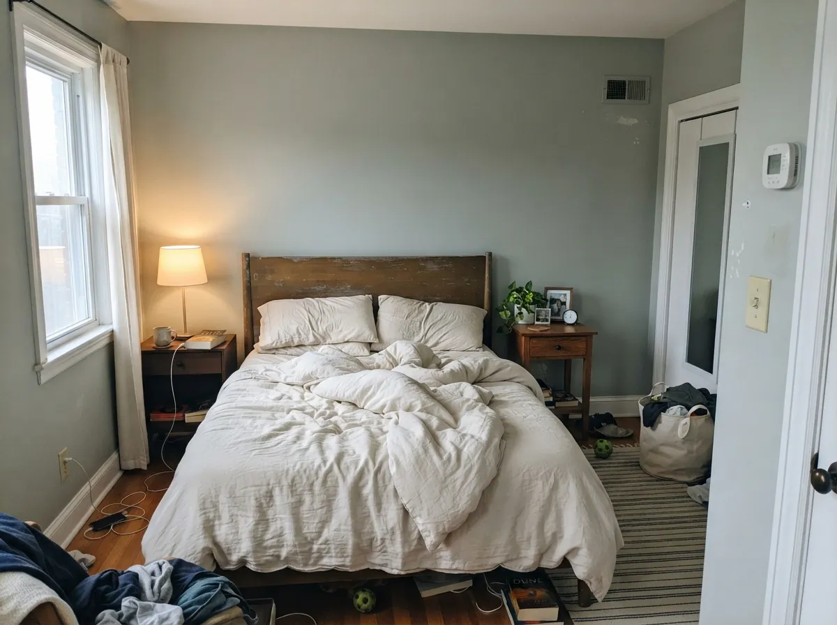 In a north bedroom Mizzle stays misty sage-gray — the green comes forward, the blue stays quiet, and Wevet trim keeps the edges soft.