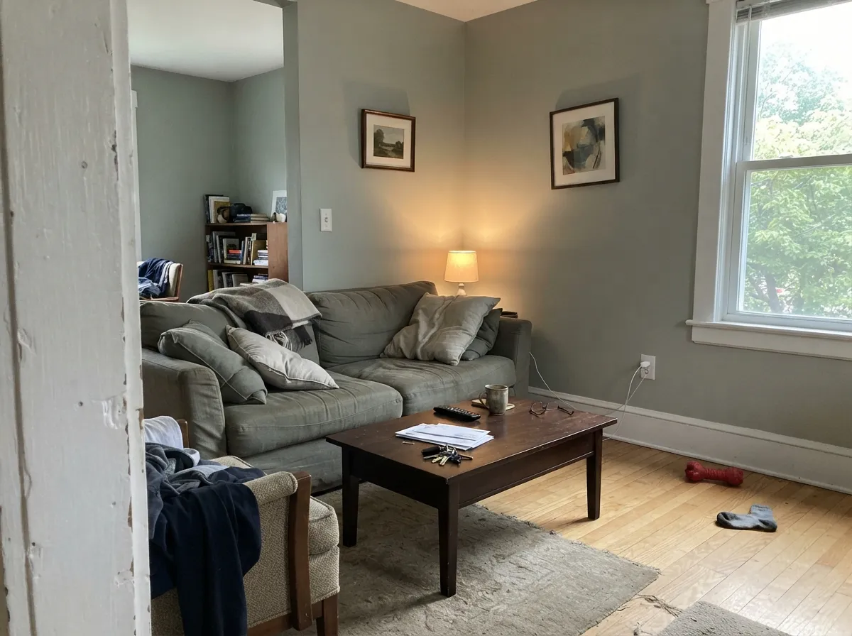 Mizzle in a daylight living room — soft enough to recede behind furniture, chromatic enough that nobody will call it gray.