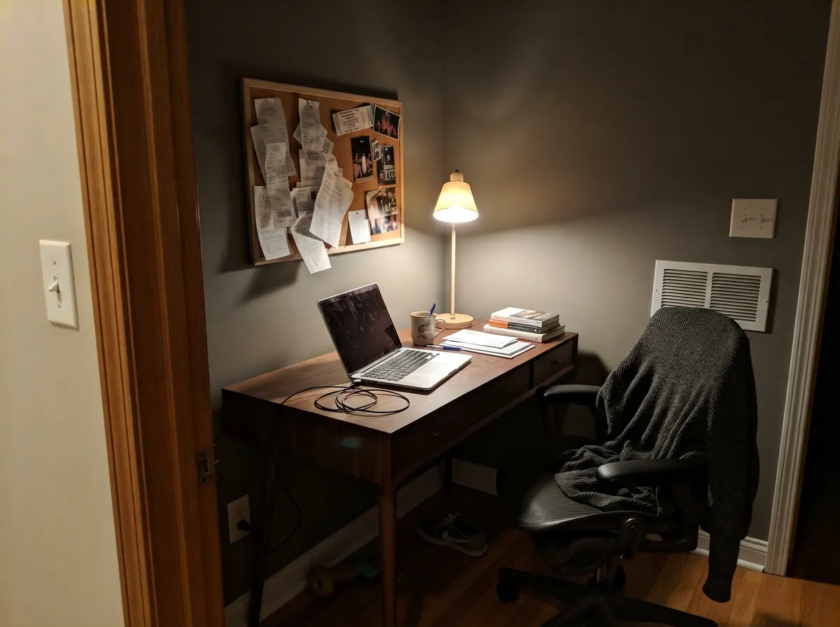 In a lamplit study LRV 23 feels like atmosphere — velvety taupe-gray, not a cave.