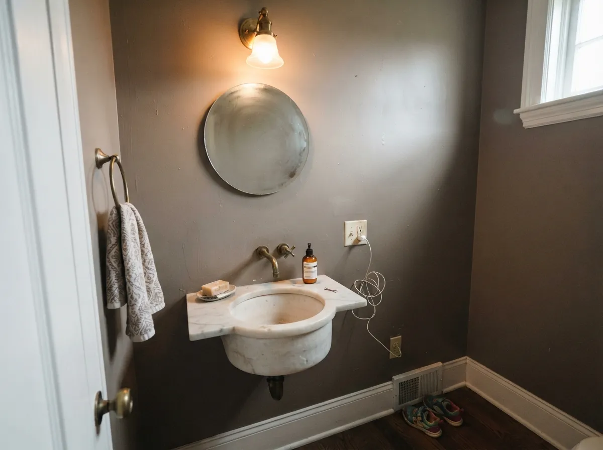 Drenching a powder room is the small-commitment version: custom and expensive at this depth, not gloomy.