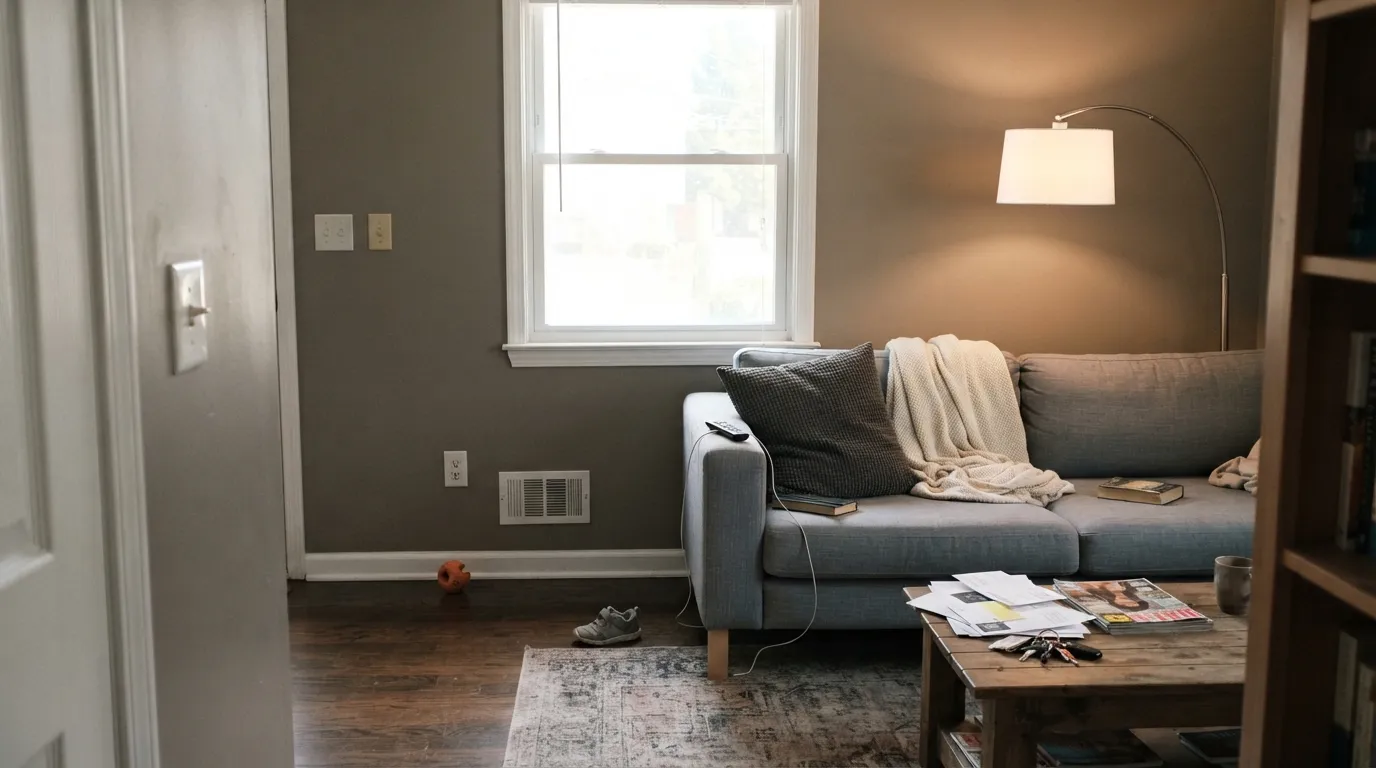 The honest shot: on four walls it is taupe, not charcoal — the Peppercorn shopper's surprise once the brown comes forward.