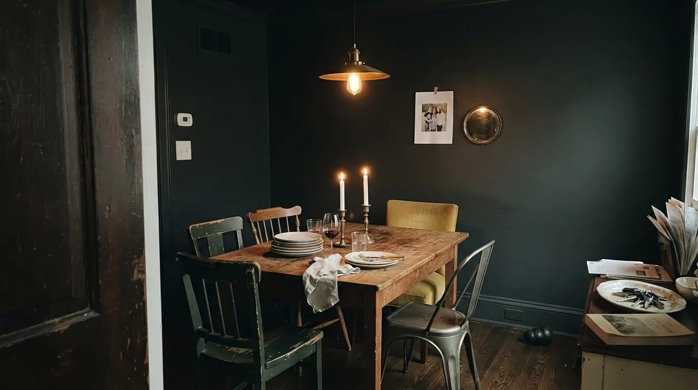 Off-Black drenched across a dining room — walls, trim and ceiling the same tone — with the pendant and candles doing all the work. This is the room the color is for.