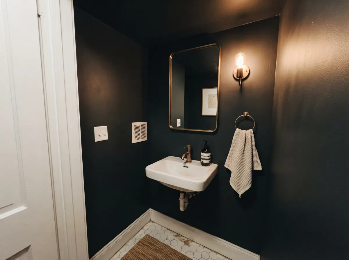 The easy win: a powder room drenched top to bottom, where a near-black costs the least and pays back the most.