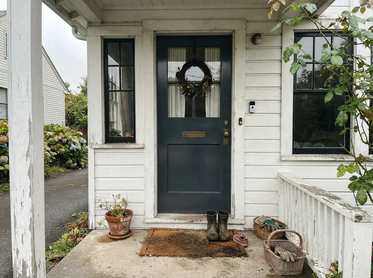 In an exterior gloss the shine gives back the depth flat black swallows — and the softer tone keeps a white house from looking hard-edged.