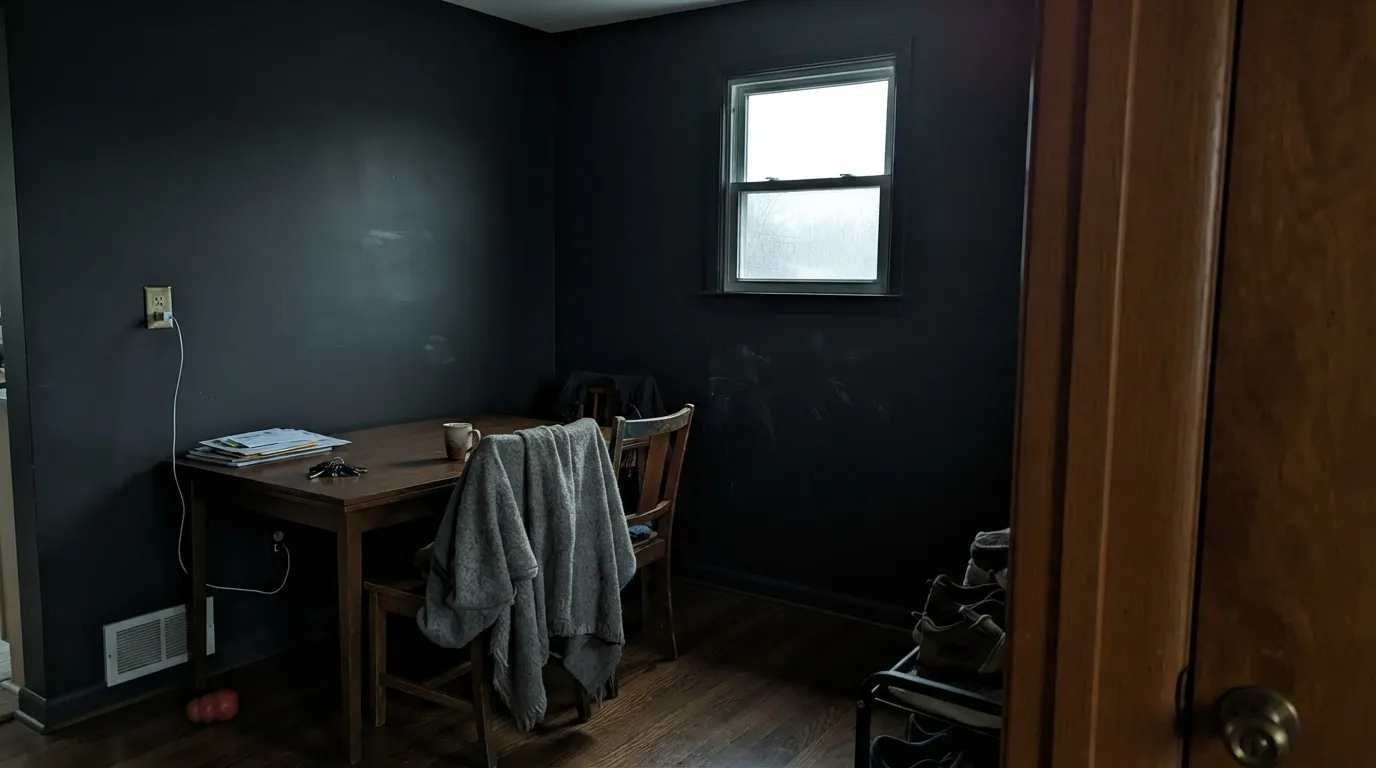 The honest shot: one small window, no lamps on, and the softness is gone — flat, closed-in walls, plus the shiny scuffs a chalky matte picks up behind dining chairs.