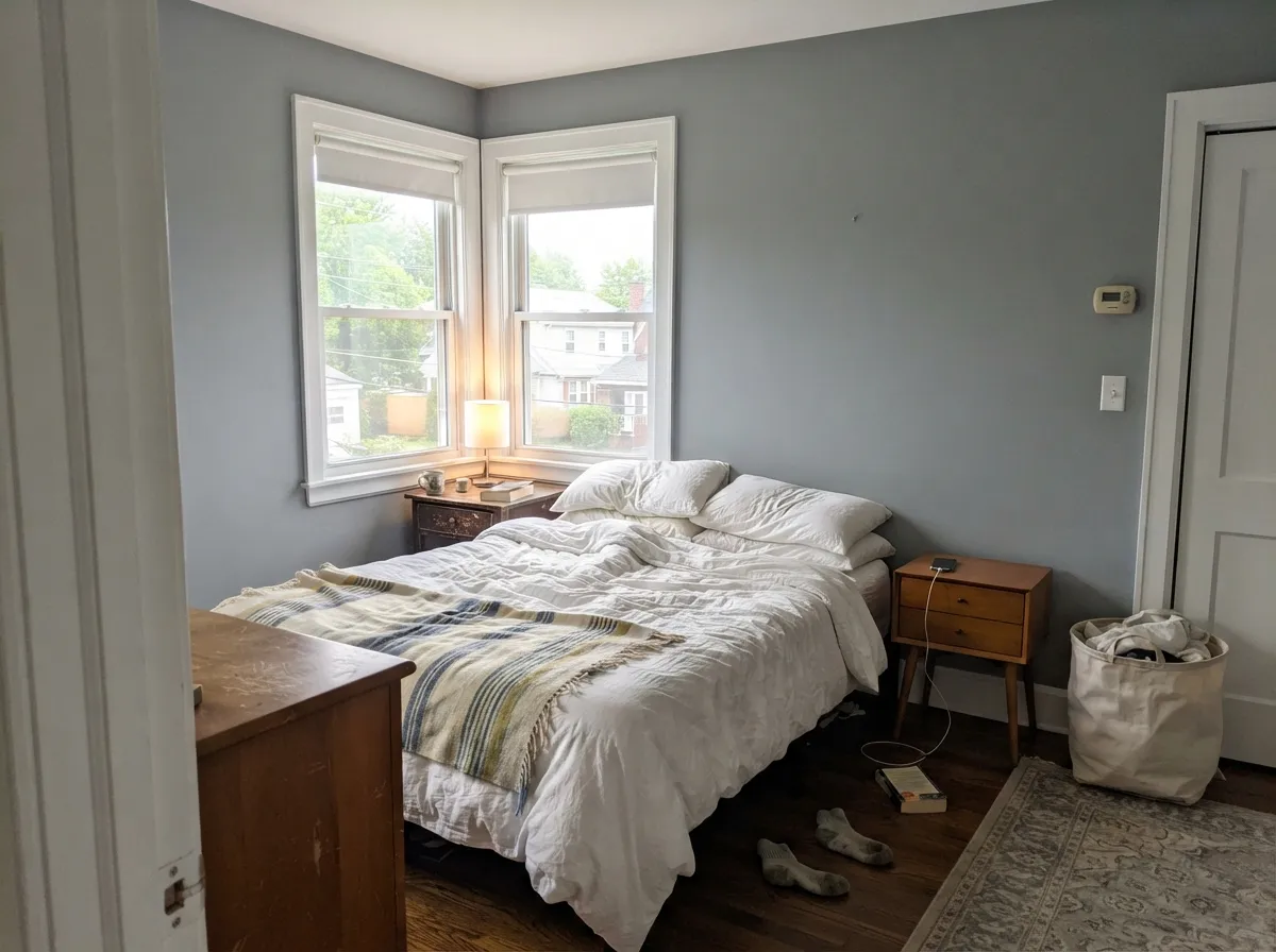 In a morning-lit bedroom the gray stays silvery and restful — Gustavian, not baby blue.