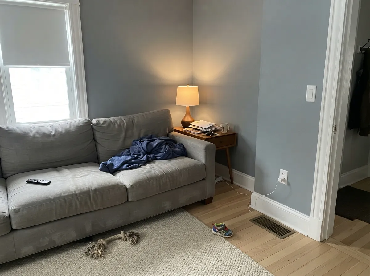 Decent daylight keeps Pavilion Gray a spacious cool gray — body enough to feel finished, blue enough to stay contemporary.