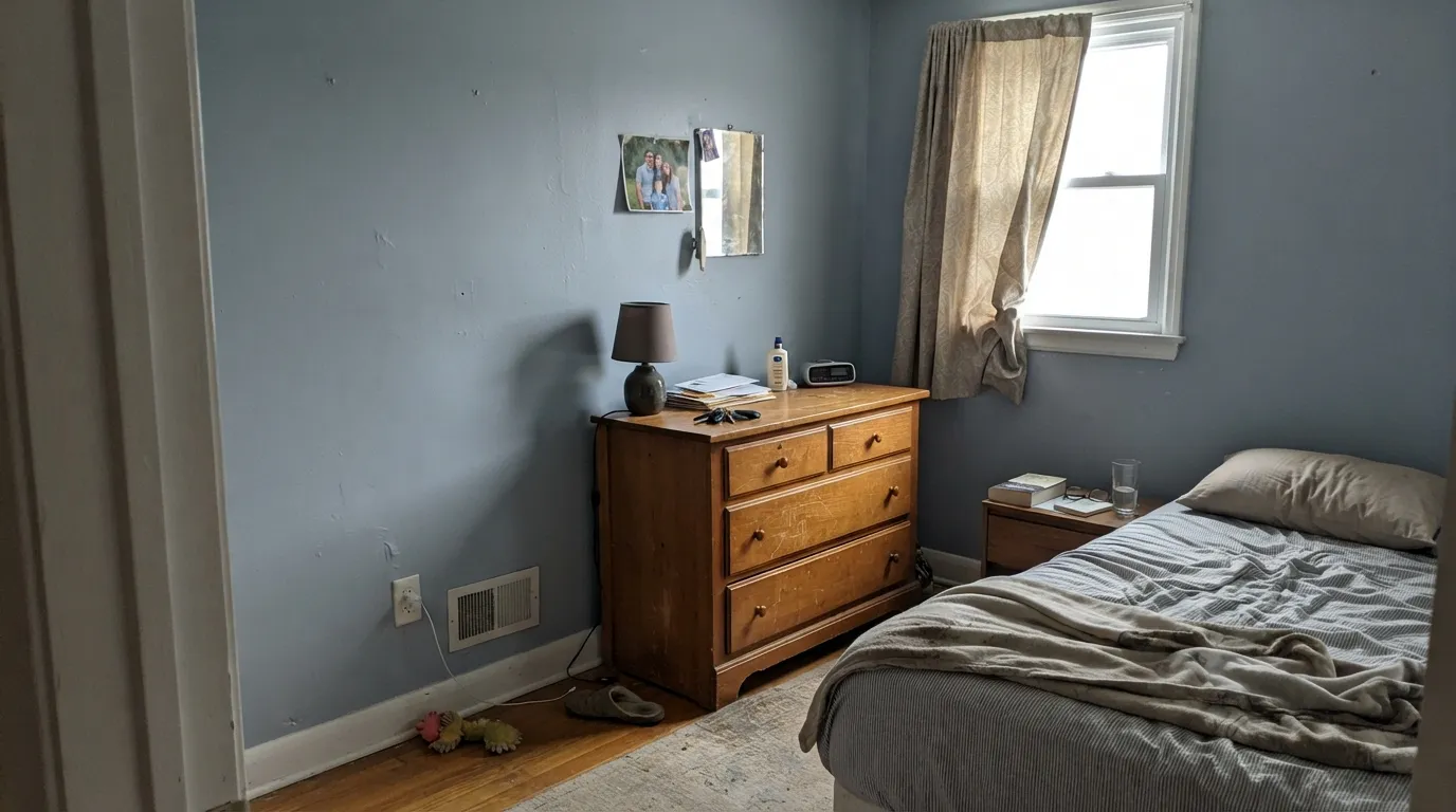The honest shot: north light and no lamps leave Pavilion Gray baby blue — the exact Houzz complaint, worse against honey oak.
