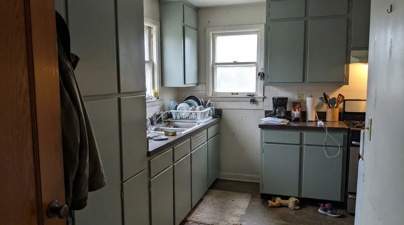 The honest shot: a full run of cabinets in a small, dim kitchen reads heavy and flat, not characterful — the exact setup Houzz owners warn about.