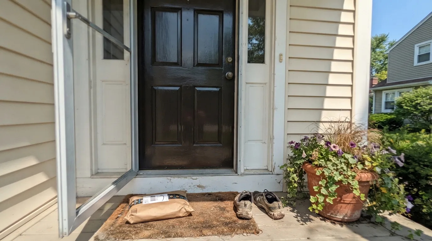 Pitch Black on a sunlit front door — true black with a faint warm body, not the blue flash of Railings, sharp against Pointing siding.