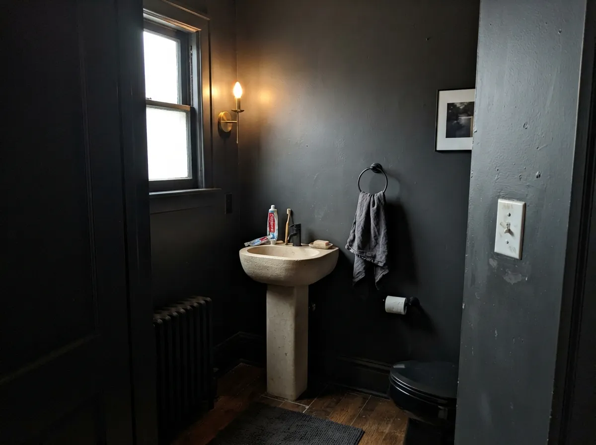 The low-risk drench: a powder room in Dead Flat Pitch Black with a real window and a warm sconce — velvet, not a cave.