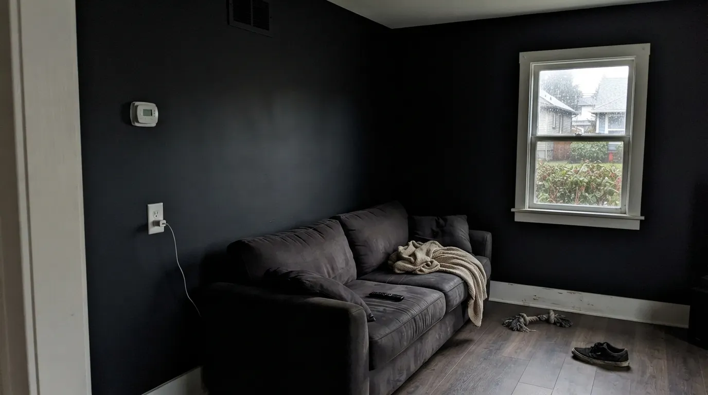 The honest shot: LRV 5 on four walls in dim north light with no lamps — a cave, not a mood, which is the number-one way this color fails.
