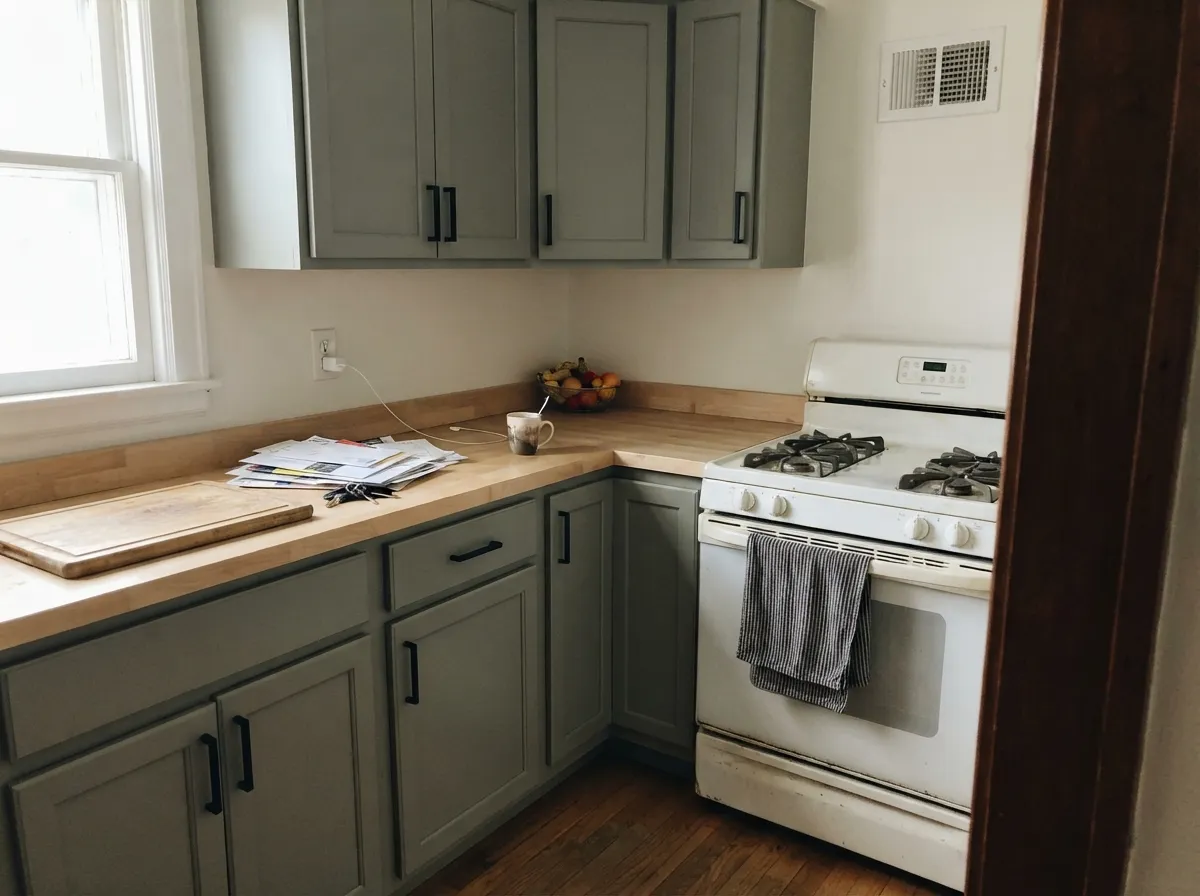 Factory-sprayed Plummett cabinets against a grey-based white — industrial without going bunker, fingerprints hidden.