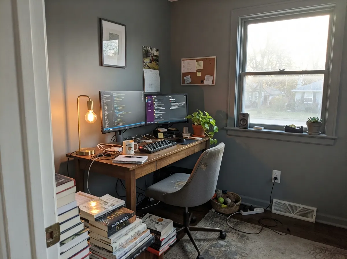A daylit study drenched in Plummett — lead-gray, slightly industrial, still liveable because the window is doing the work.