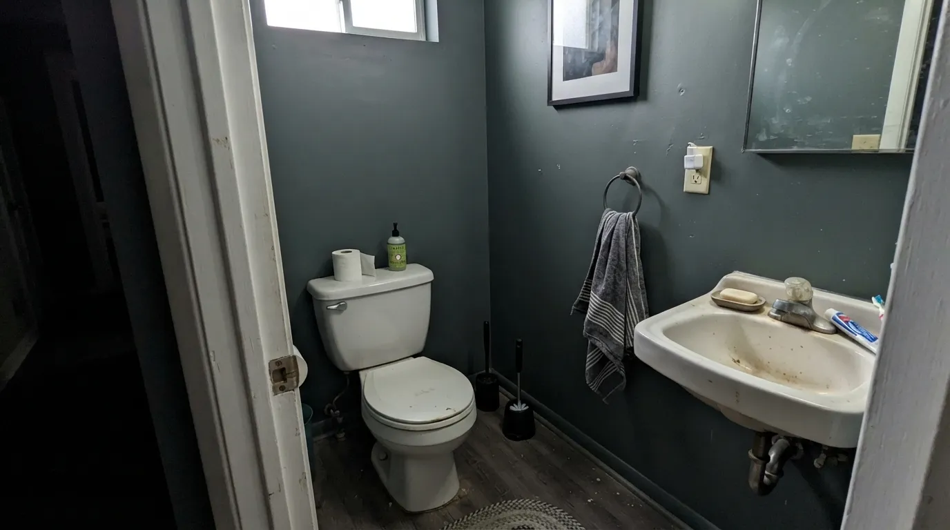 The honest shot: a small north powder room intensifies Plummett — heavier than the chip, with the green tinge suddenly obvious.