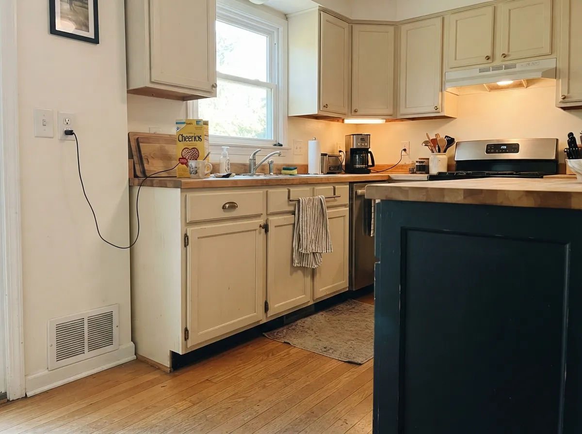 Pointing on kitchen cabinets against oak and brass — the cream boxes designers keep specifying, with Railings on the island so the white stays a white.
