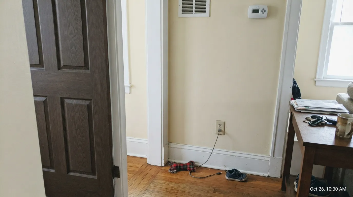 The honest shot: Pointing walls against All White trim — the brighter white wins and the cream looks yellow, the exact pairing Farrow & Ball prints as complementary.