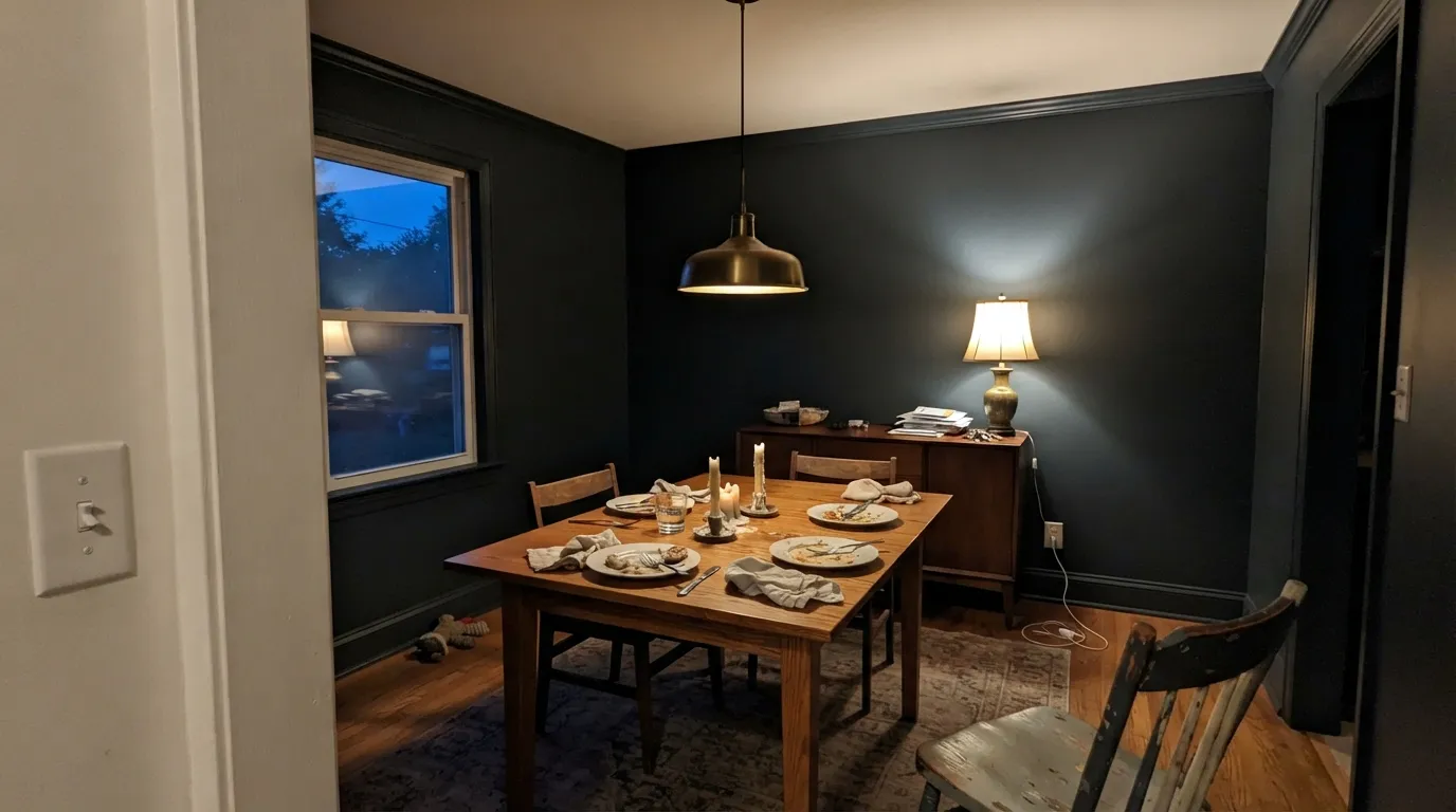 Railings drenched across a dining room after dark — walls and trim in one color, warm ceiling above, and the blue reading as soft depth rather than flat black.