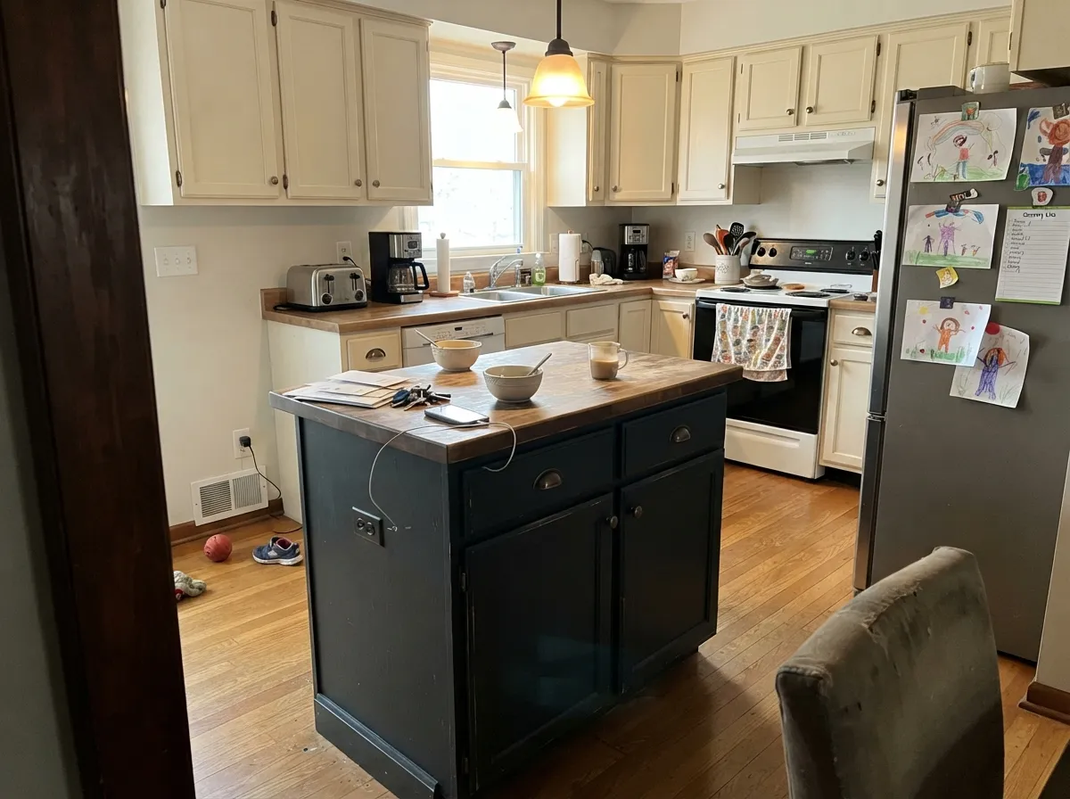 Against warm off-white cabinets the island reads as a warm charcoal-black, not navy — the pairing that keeps a dark island from feeling cold.