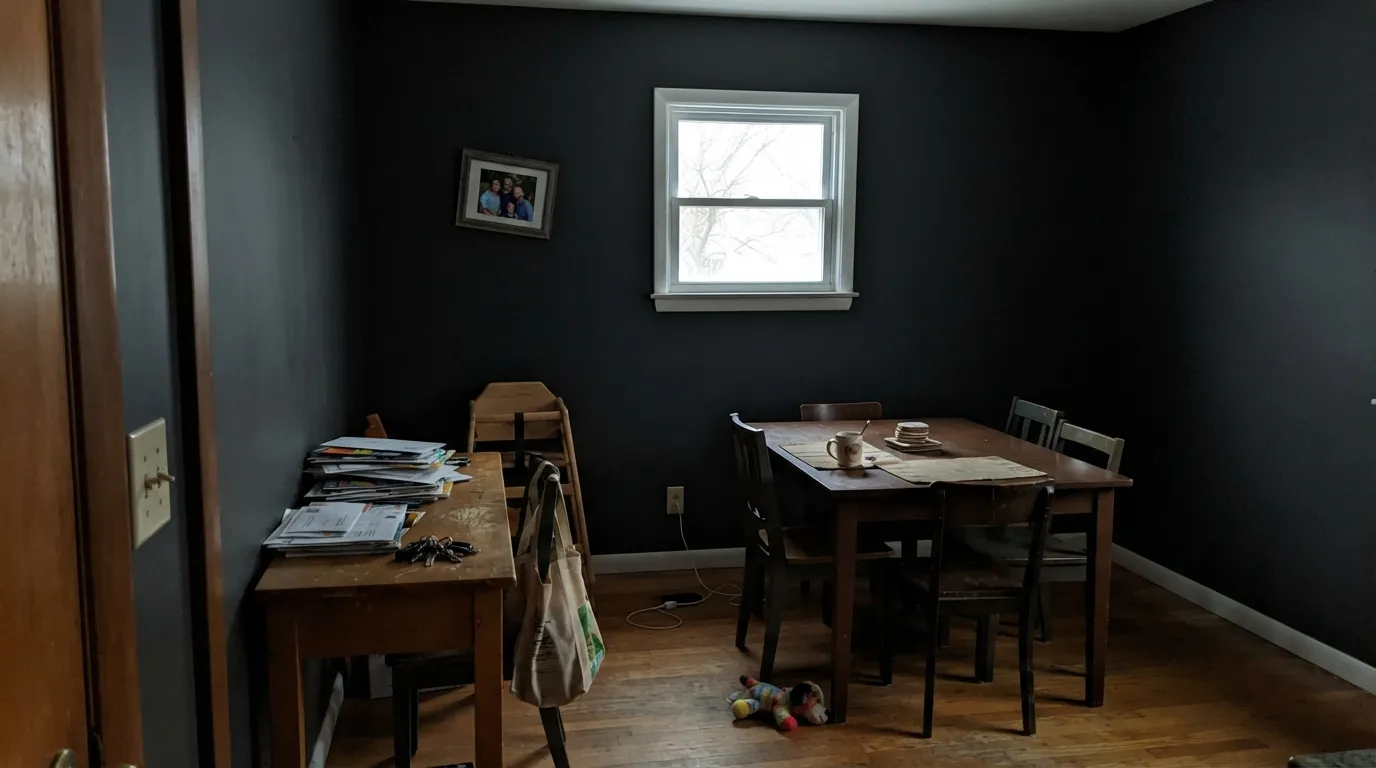 The honest shot: in weak north light with the lamps off there is no blue to see and the room just goes dim — the exact complaint owners post after sampling it in the wrong exposure.