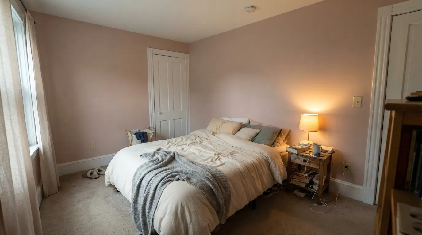 Setting Plaster in the light it was built for — warm lamps turn the putty walls genuinely rosy, not sugary.