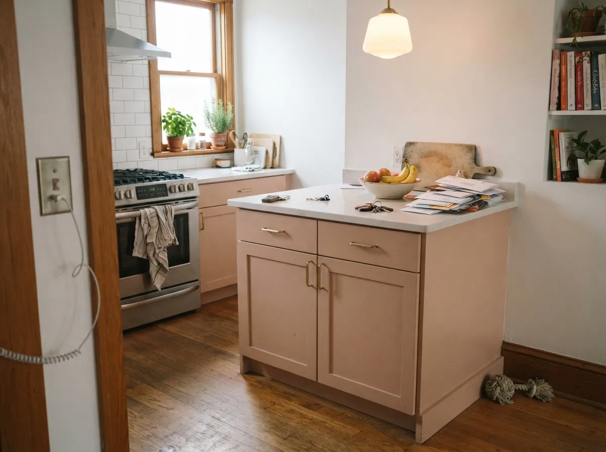 The doses-not-walls move: a Setting Plaster island under plain white walls reads custom without committing the whole kitchen.