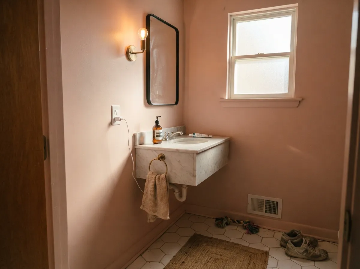 Small rooms take the deep color well — all four walls here, with one black frame to keep the pink from feeling accidental.