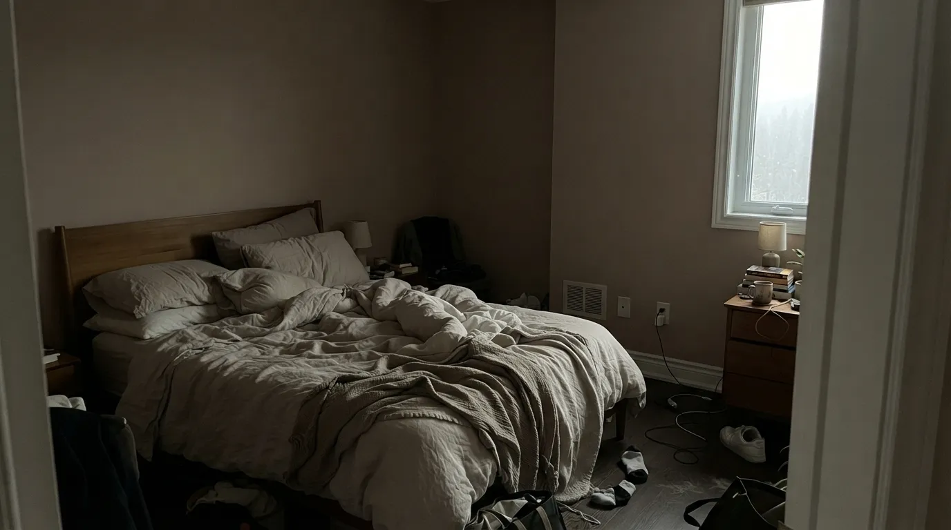 The honest shot: dim north light with no lamps on. The pink drains out and the yellow base goes heavy and brown — the exact 'looked pretty in the tin, brown on the wall' complaint.