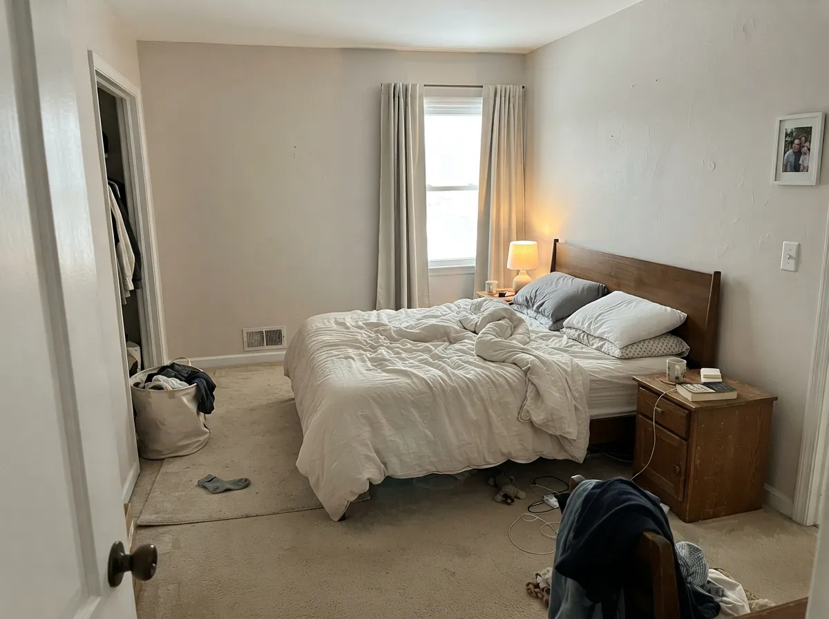 In a morning-lit bedroom the plaster stays soft and restful — the room Farrow & Ball keeps listing this color for.