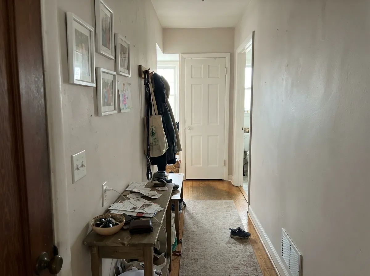 The whole-house test: a hallway is where Skimming Stone earns the gallons — warm on arrival, greige enough to hand off to the next room.