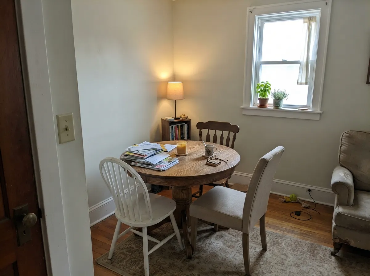 With real sun on the wall the grey-green settles into a warm, chalky neutral behind the wood table.