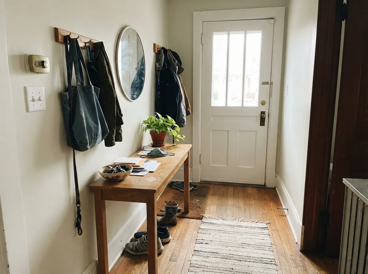 A hallway with borrowed daylight from the front door — enough light to keep the warmth in the color alive.