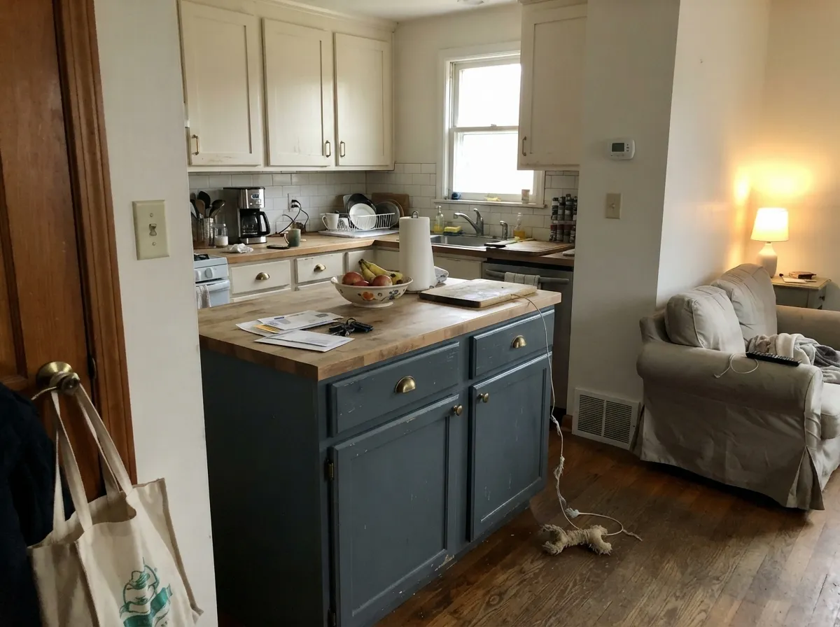 On a kitchen island under warm white uppers and brass hardware, the blue reads rich and deliberate without taking over the room.