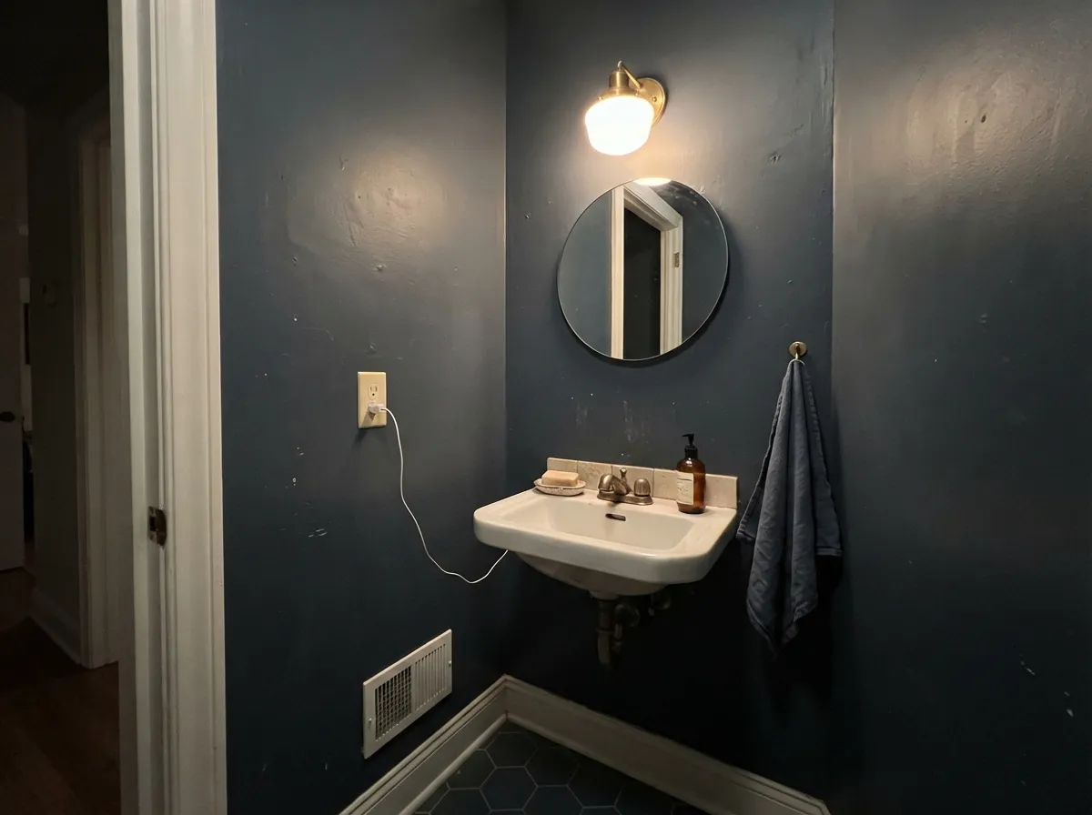 A small, warmly lit powder room takes the full LRV 10 depth well — jewel-box dark, not gloomy.