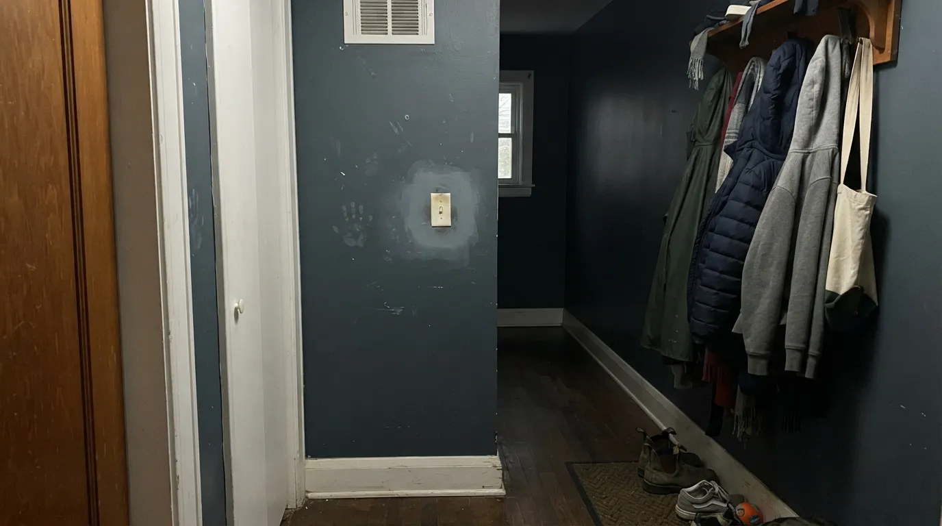 The honest shot: a dim hallway in the chalky Estate Emulsion finish — the color reads almost black in the low light, and scuff marks are already showing near the light switch.