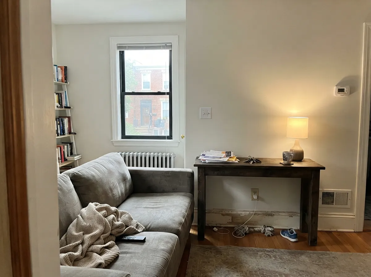 With black window frames and dark wood, the grey base reads architectural instead of cold.